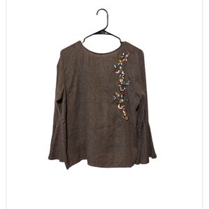 Grace Elements Boho Peasant Top Size Large Grey Floral Embroidered Festival